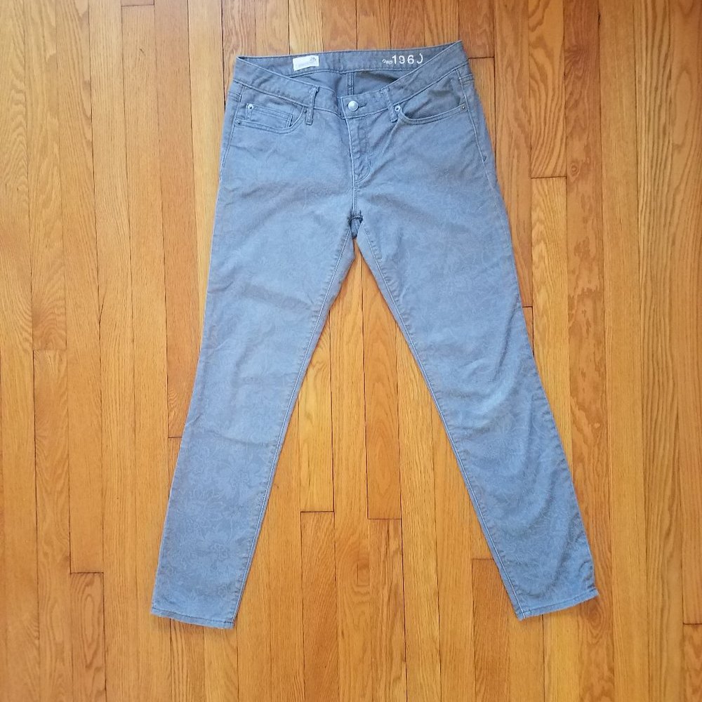 GAP Gray Muted Floral 5-Pocket Denim Low-Rise Skinny Jeans, Size 28R